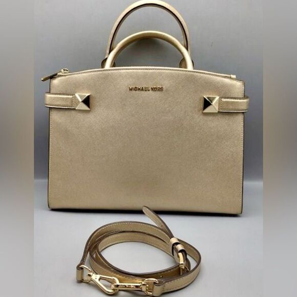 MICHAEL KORS KARLA STUD MED E/W SATCHEL Crossbody Bag In GOLD Leather - Picture 3 of 6